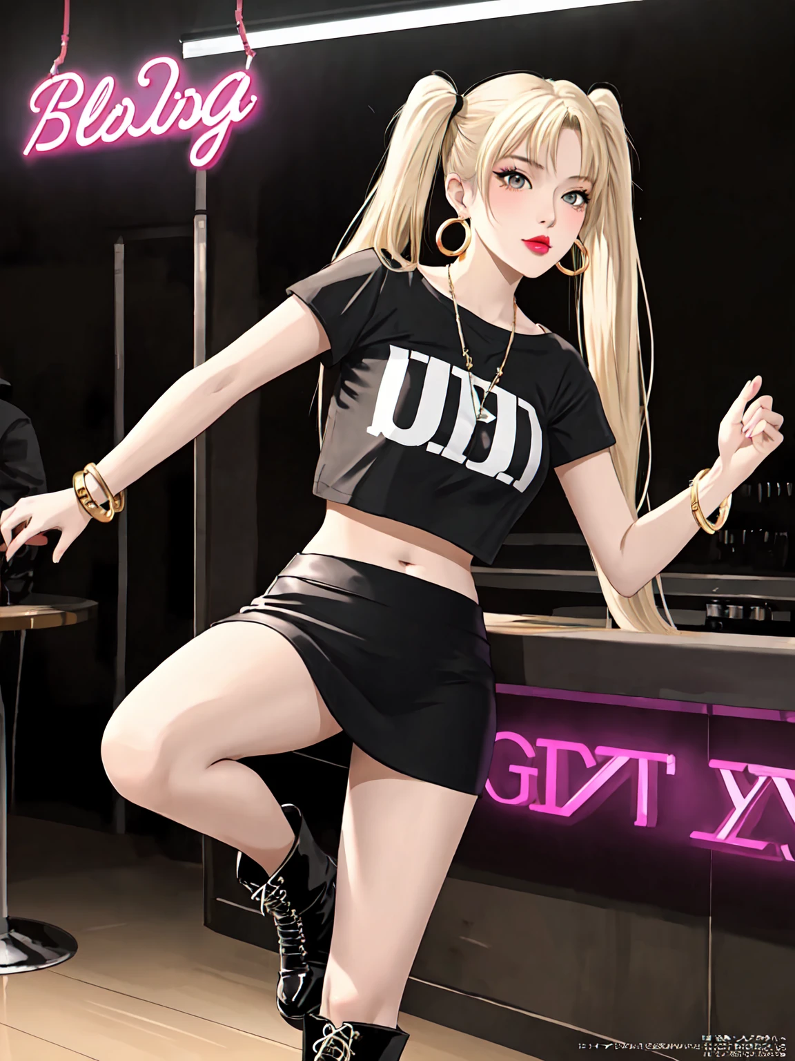 Stylish gyaru girl from early 2000s magazine AGEHA, with bleached blonde hair in high twin tails, bold makeup with dramatic winged eyeliner and glossy lips, deep tanned skin, wearing a cropped graphic tee showing toned midriff, low-rise sequined miniskirt, over-the-knee high heeled boots, large hoop earrings and bangle bracelets, posing confidently in a dimly lit underground club setting with neon signs and hints of dancing crowds.