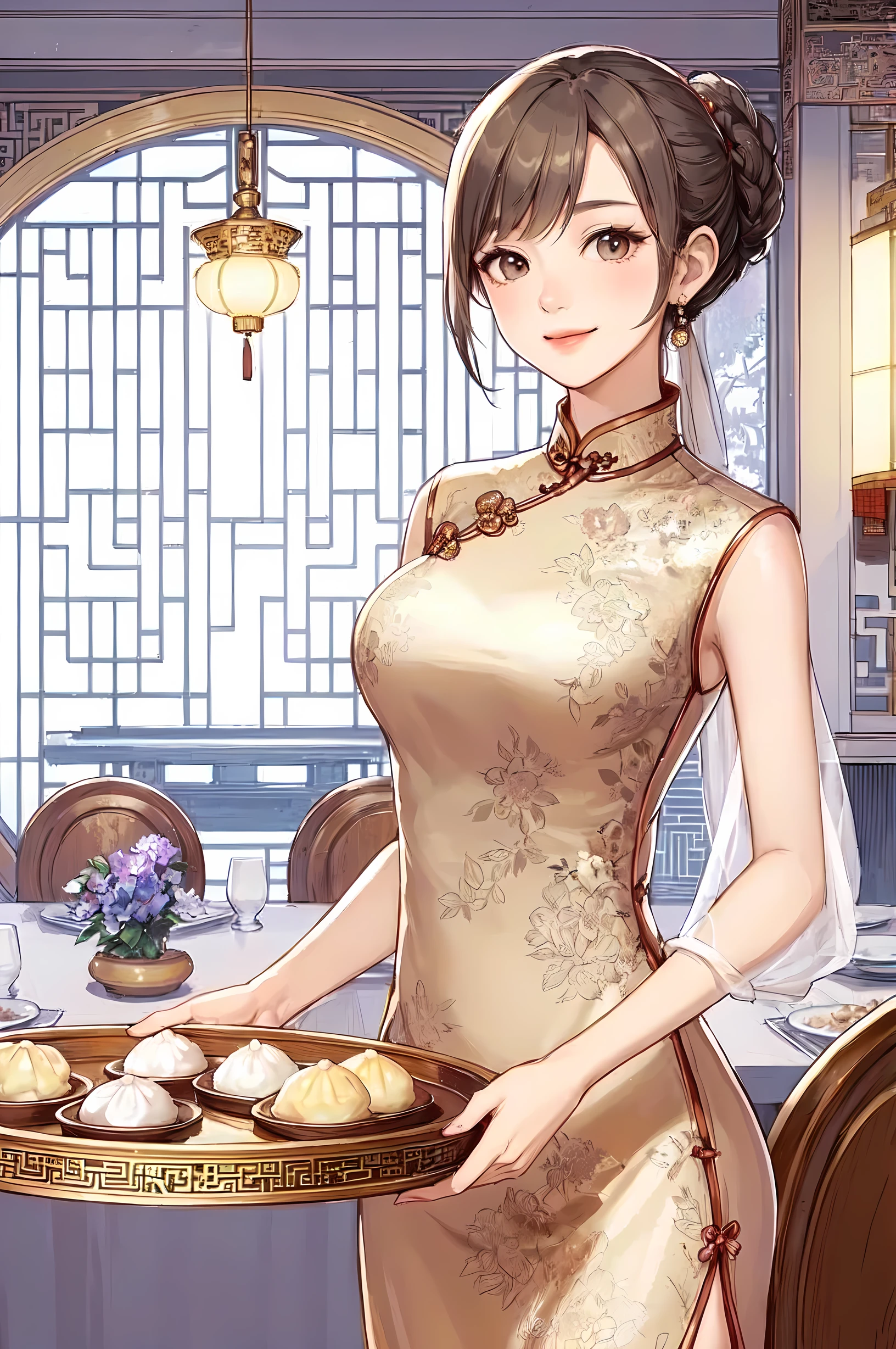 1lady solo, standing, (elegant cheongsam) stylish floral, (mature female:0.8), /(gray brown hair/) bangs, kind smile, (masterpiece best quality:1.2) delicate illustration ultra-detailed, large breasts, (holding tray with dim sum) BREAK (Chinese restaurant) indoors, dim sum, table, detailed background