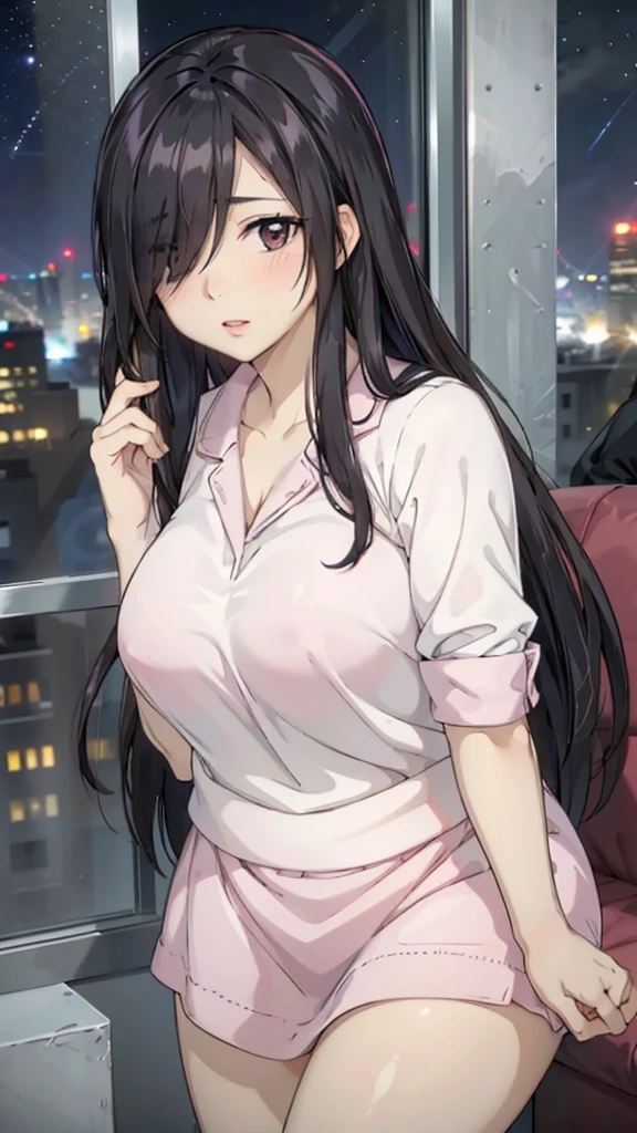 Cute mommy, mature women, realistic skin,perfect ,black hair, long hair, (hair over one eye:1.4), messy hair, hair between eyes, pajama,pink mini skirt, chubby,plump,fat,pucker lips,cute shy blush on, night city view from the top