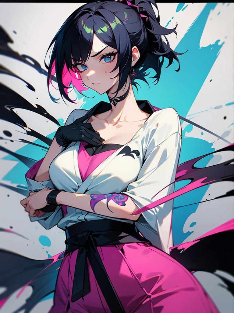 1 woman, wearing a stylish and edgy outfit, the color palette is mainly dark with splashes of vibrant colors, tailored white shirts, fashionable, woman, vibrant, outfit, colorful, accessory, majestic, sharp focus, modern, determined expression, closed one eye, disgusted face, embarrassed, Ink wash painting background, geometry tattoo, (cinematic), elaborate, holding japanese sword, katana, action pose, collarbone,