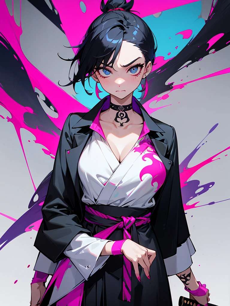 1 woman, wearing a stylish and edgy outfit, the color palette is mainly dark with splashes of vibrant colors, tailored white shirts, fashionable, woman, vibrant, outfit, colorful, accessory, majestic, sharp focus, modern, determined expression, closed one eye, disgusted face, embarrassed, Ink wash painting background, geometry tattoo, (cinematic), elaborate, holding japanese sword, katana, pose, collarbone,