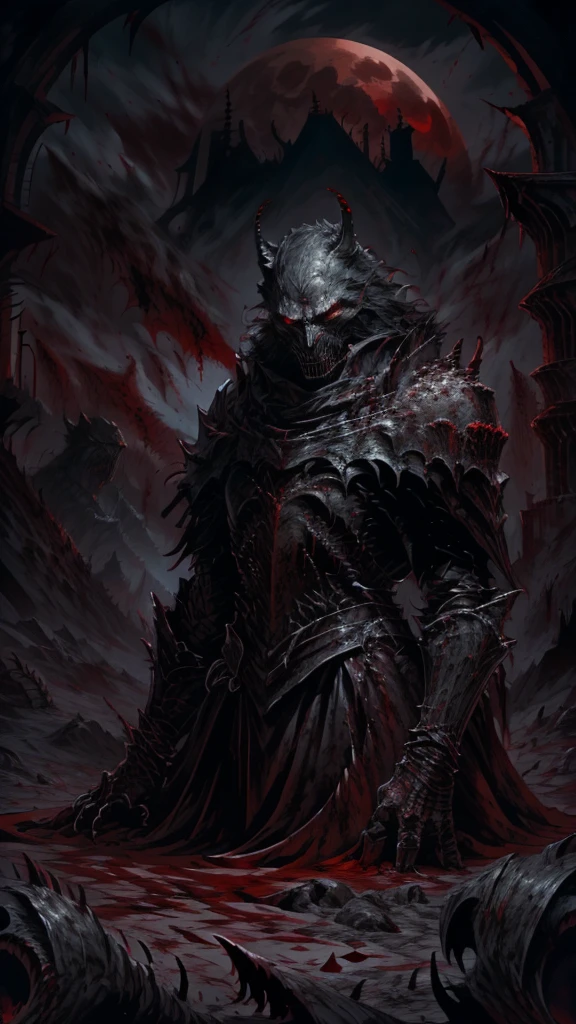 a darksouls werewolf, backwards, looking over shoulders pose with great fangs,sharp nails with blood,black fur,angry face,full moon at night,fog, on ground,(blood: 1.5),detailed,realistic,4k