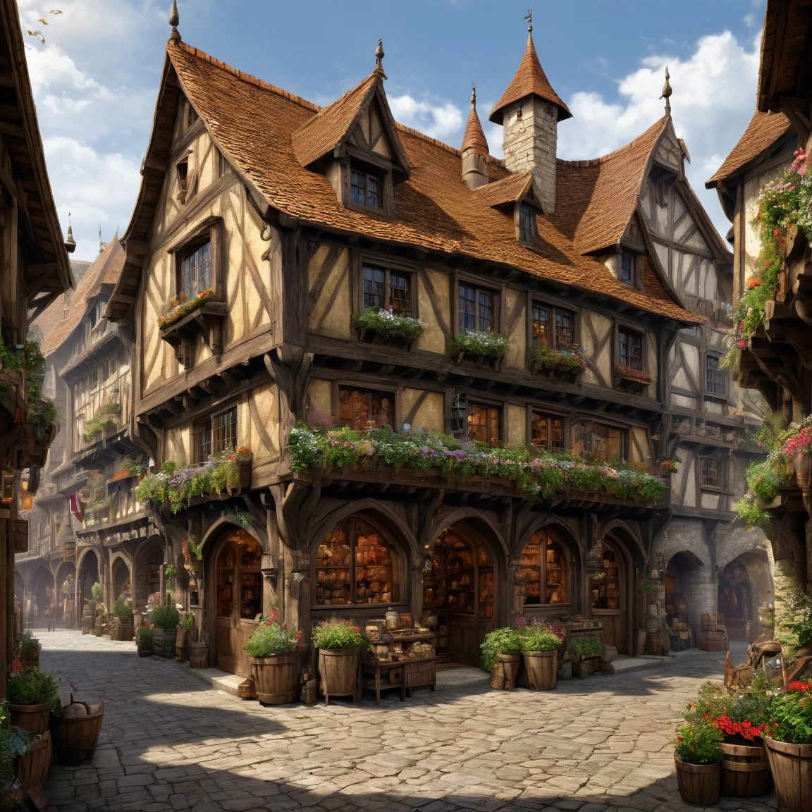 (best quality)), ((masterpiece)), ((realistic,digital art)), (super detailed), (grand magasin de cornes d'animaux), (medieval fantasy style)