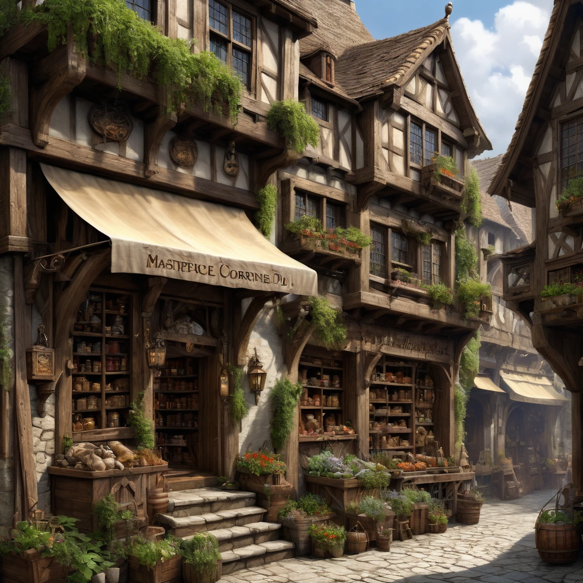 (best quality)), ((masterpiece)), ((realistic,digital art)), (super detailed), (grand magasin de cornes d'animaux), (medieval fantasy style)