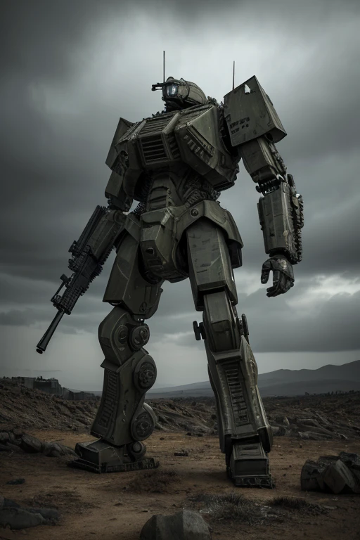 a massive military mech, heavily armored, towering over a group of soldiers, all standing in a war-torn landscape, dramatic lighting, detailed machinery, gritty realistic style, cinematic composition, photorealistic, 8k, (best quality,4k,8k,highres,masterpiece:1.2),ultra-detailed,(realistic,photorealistic,photo-realistic:1.37),highly detailed military uniforms, intense expressions, advanced tactical gear, advanced weaponry, rugged terrain, cloudy sky, moody atmosphere