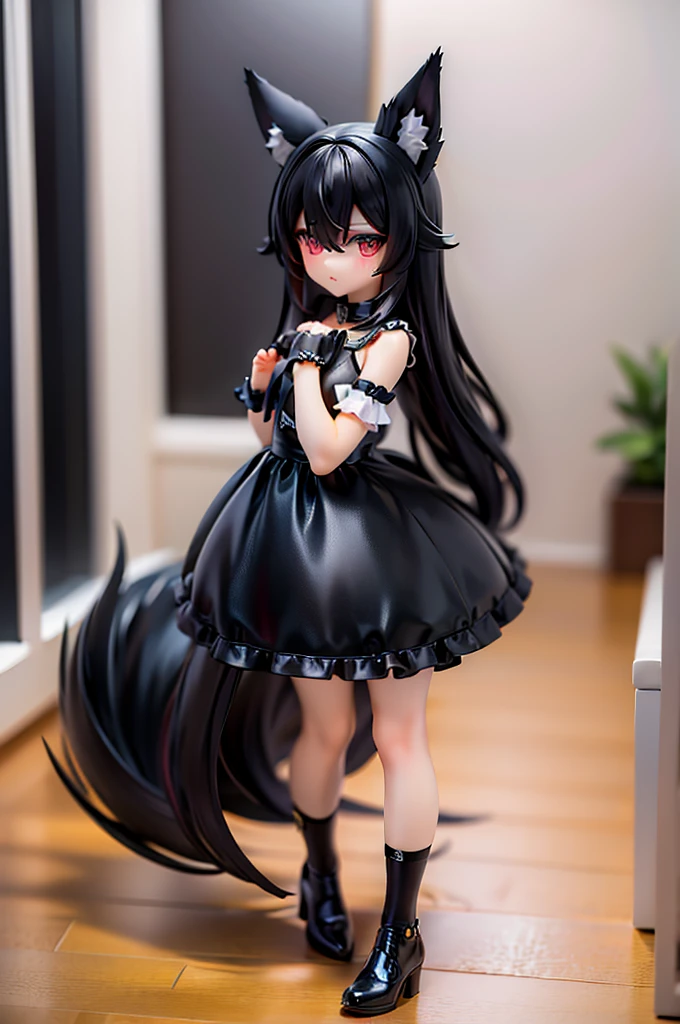 black long hair hyper cute wolf shota,frilly garter mini-skirt dress,holey panties,