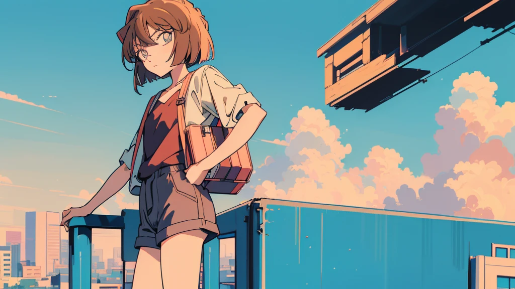 anime style, (1girl in, Solo:1.0), (Haibara Ai), ((Short pants)), (((Big eyes))), (Cute anime girl head), (flat chest),looking at viewer,With a height of 100cm, shoot from front, (head shot), Simple line minimalism, Abstract Art, City background, anime opening movie
