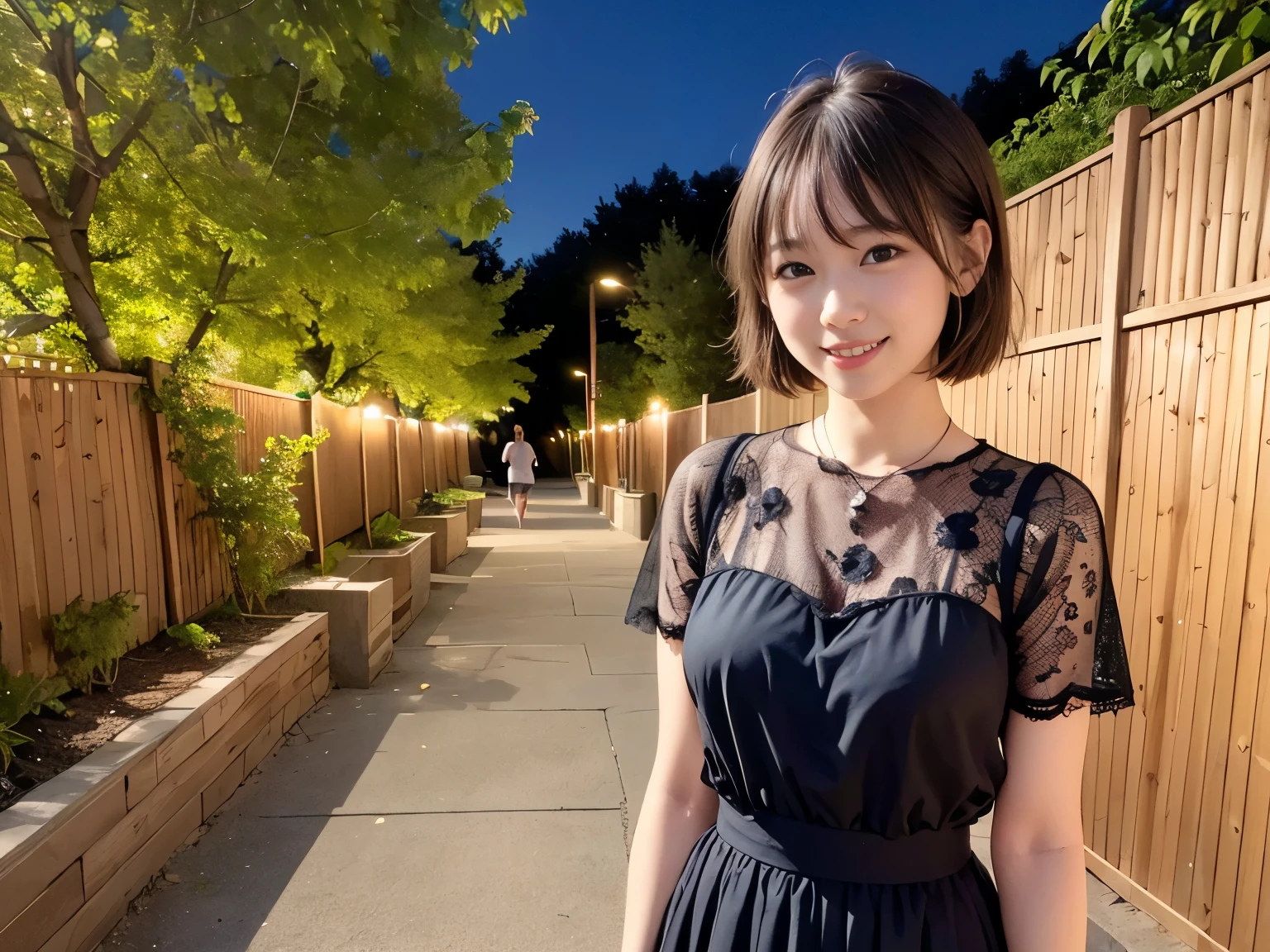 (Highest quality, masterpiece, Ultra-high resolution, 8K, RAW Photos, Realistic, Anatomically correct:1.5), (Stainless steel round bar fence:1.0, 20-year-old girl:1.2, Embarrassing, avert your eyes, blush:1.0, View Viewer, Outside the waterfront, Light:1.2, シティLight, Bokeh, Cinema Lighting:1.0, Depth of written boundary, sharp、Idol、Cute face、Black short sleeve lace top、Black tulle skirt、Black clothing、”dwarf”、(Floral clothes)、Full Body Shot、(Straight bangs)、(Ultra short hair、Berry Short)、((See-through))、 smile、((One person))、