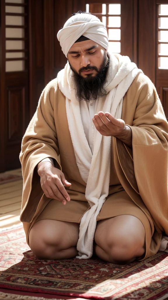 
a Muslim man wearing a turban, wearing a brown robe in prostration, pours out his heart to improve his relationship with Allah. very real, high resolution, 8k resolution, intricate details, very real facial details,