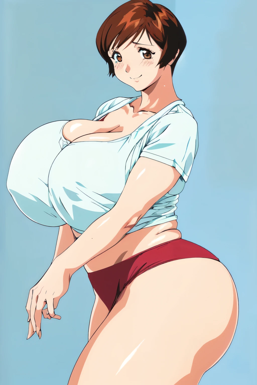 masterpiece, highest quality, High resolution, One girl, alone, sexual intercourse, Pornographic images, short hair, etsukoto, Brown eyes, fine grain, fine grain, (((Thick thighs, Plump thighs, Voluptuous thighs, Thighs alone are enough))), Huge and ample breasts, Cleavage, Huge long breasts, Naughty big,((Big breasts are important))、((Naughty thighs)), L Cup, (thin:1.4),(Tight waist:1.4), (((white gym shirt, Micro Buruma))), A kind smile, blush, (((Simple Background))), ((Wide Hips)), Shiny, Oily skin, Mature mother, Calf, Seductive mature woman, Perfect body, Plus Size Model, curvy, ample, etsukoto, blush, clavicle, retro artstyle, 1990s (style), (thick thighs:1.4), (((bursting thigh))), from side, ass focus,