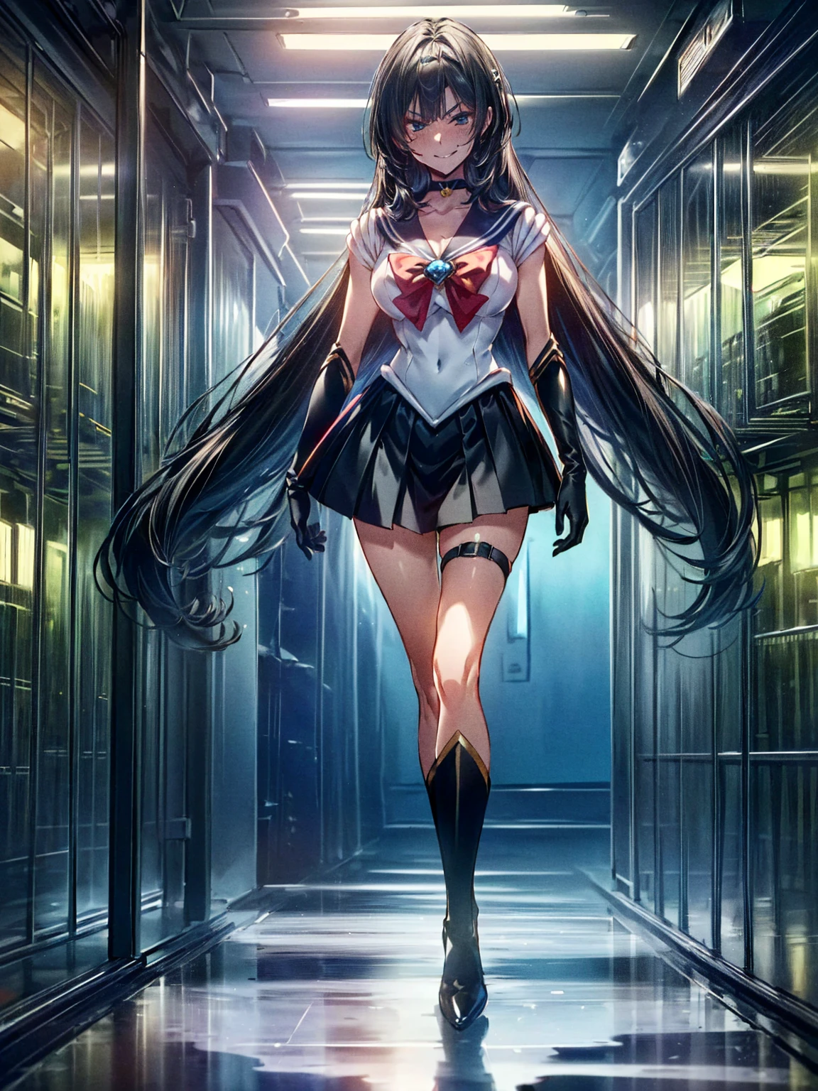 Perfect Anatomy,(8K, Highest quality, masterpiece:1.2),\(Beautiful Eyes\),\(Facial Features\),(\(Costume details Details\)\),(Big Lesbians , Super Skirt,Sailor Moon Costume,(Face Focus) ,Very detailedな CG Unity 8K 壁紙,Large file size,Very detailed,High resolution,Absurd,Beautiful Eyes,Ray Tracing,Dramatic Shadows,Down to the last detail,elevation,Hyper Detail,(alone),Anime Style、Very long straight hair、Black Hair、Black sailor collar、Black Absolute Short Mini Scarbow Gloves、(In the research facility:1.4),(full body:1.5),(evil smile:1.5),