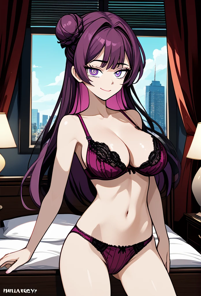mature woman, tomboy, hot face, dumb smile, drowsy expression, airheaded face, (drowsy eyes), violet eyes, (long hair, bun hair, dark magenta hair, dark hair), (fit body, mature body), large breast, panties, bra, bedroom, showing off body, revealing pose
