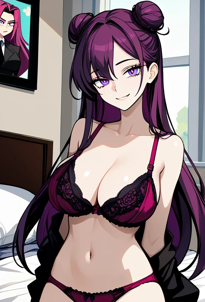 mature woman, tomboy, hot face, dumb smile, drowsy expression, airheaded face, (drowsy eyes), violet eyes, (long hair, bun hair, dark magenta hair, dark hair), (fit body, mature body), large breast, panties, bra, bedroom, showing off body, revealing pose