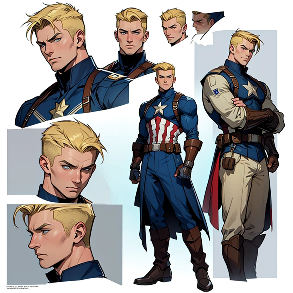 A model sheet of an adult Captain America wearing his uniform and gauntlets with a blonde high quiff style haircut and a shaved nape.