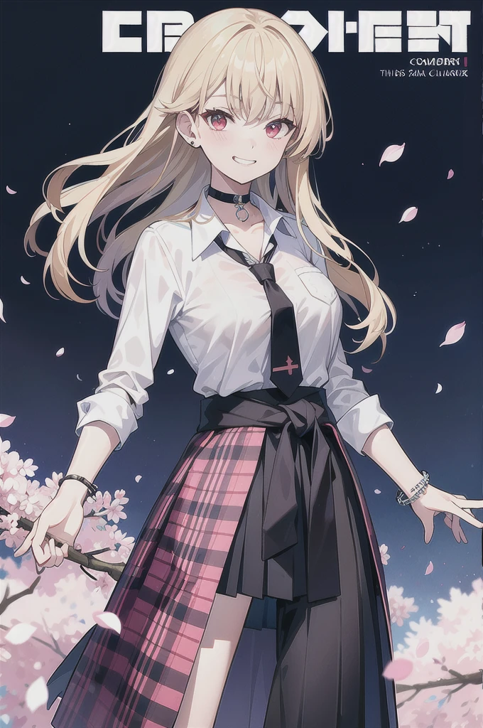 masterpiece, best quality, full body,
1girl, bangs, black choker, black necktie, blonde hair, blue skirt, blush, bracelet, breasts, choker, clothes around waist, collarbone, collared shirt, cowboy shot, dress shirt, ear piercing, eyebrows visible through hair, gradient hair, grin, gyaru, jewelry, kogal, long hair, looking at viewer, loose necktie, necktie, piercing, plaid, plaid skirt, pleated skirt, red eyes, ring, , shirt, skirt, smile, solo, white shirt,
street, sky, cherry blossoms, petals,illustration, (magazine:1.3), (cover-style:1.3), fashionable, woman, vibrant, outfit, posing, front, colorful, dynamic, background, elements, confident, expression, holding, statement, accessory, majestic, coiled, around, touch, scene, text, cover, bold, attention-grabbing, title, stylish, font, catchy, headline, larger, striking, modern, trendy, focus, fashion,