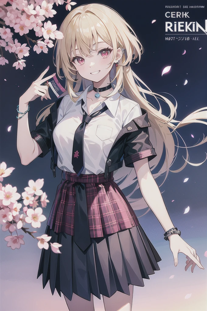 masterpiece, best quality,  full body,
1girl, bangs, black choker, black necktie, blonde hair, blue skirt, blush, bracelet, breasts, choker, clothes around waist, collarbone, collared shirt, cowboy shot, dress shirt, ear piercing, eyebrows visible through hair, gradient hair, grin, gyaru, jewelry, kogal, long hair, looking at viewer, loose necktie, necktie, piercing, plaid, plaid skirt, pleated skirt, red eyes, ring, , shirt, skirt, smile, solo, white shirt,
street, sky, cherry blossoms, petals,illustration, (magazine:1.3), (cover-style:1.3), fashionable, woman, vibrant, outfit, posing, front, colorful, dynamic, background,  elements, confident, expression, holding, statement, accessory, majestic, coiled, around, touch, scene, text, cover, bold, attention-grabbing, title, stylish, font, catchy, headline, larger, striking, modern, trendy, focus, fashion,