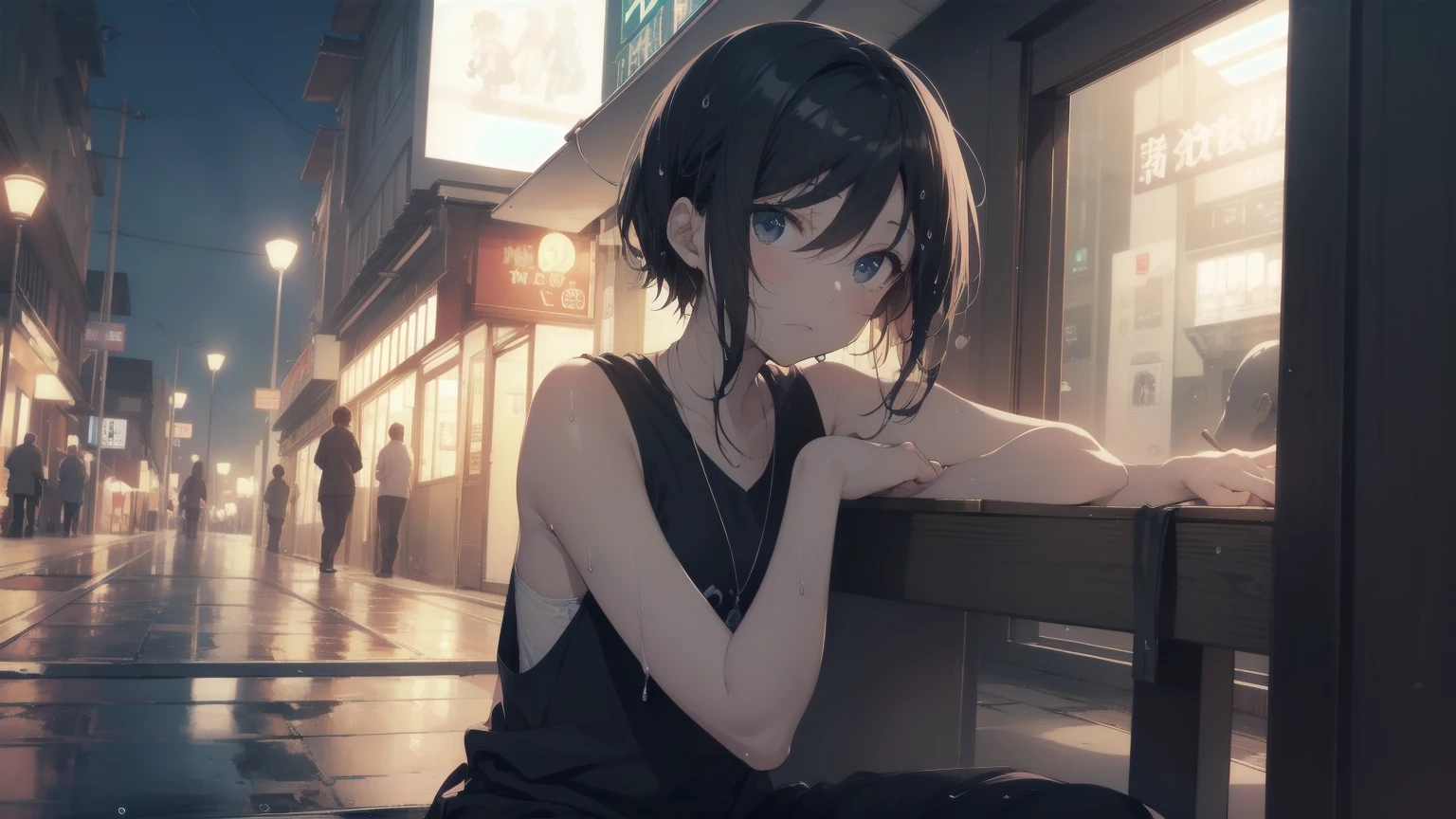 ultra-absurdres-Top quality by Artist God, Super detailed, High resolution, Anime Moe Art Style, Best Anime 8K Konachan Wallpaper, pixiv Contest Winner, Perfect Anatomy,break, One girl, (Please draw a picture of a girl sitting in the rain. )break,(alone,Little Woman, 13 years old:1.3),Complete limbs, Full Finger, ((Wet)), The charm of an immature body, (Very short hair), Shortcuts, Flat Chest, , Small Ass, Small black eyes, Beautiful attention to detail, Well-proportioned iris and pupil, Expressive eyes, High resolutionの詳細な髪, Annoyed expression, Tank top, Bare arms, Bare shoulders, Short shorts, sit, (Detailed lighting), (Detailed Background), Rainy night, Under the street lamp, On the bench. break,Highly detailed skin, Best cinematic lighting powered by famous Artist, 8K,Beauty Illustration,Photoshop_(Moderate),so beautiful,break,((Artist:Fujiyama )), Artist:Who is Akinashi? ,Artist:Parents Ashido ,Artist:kantoku ,