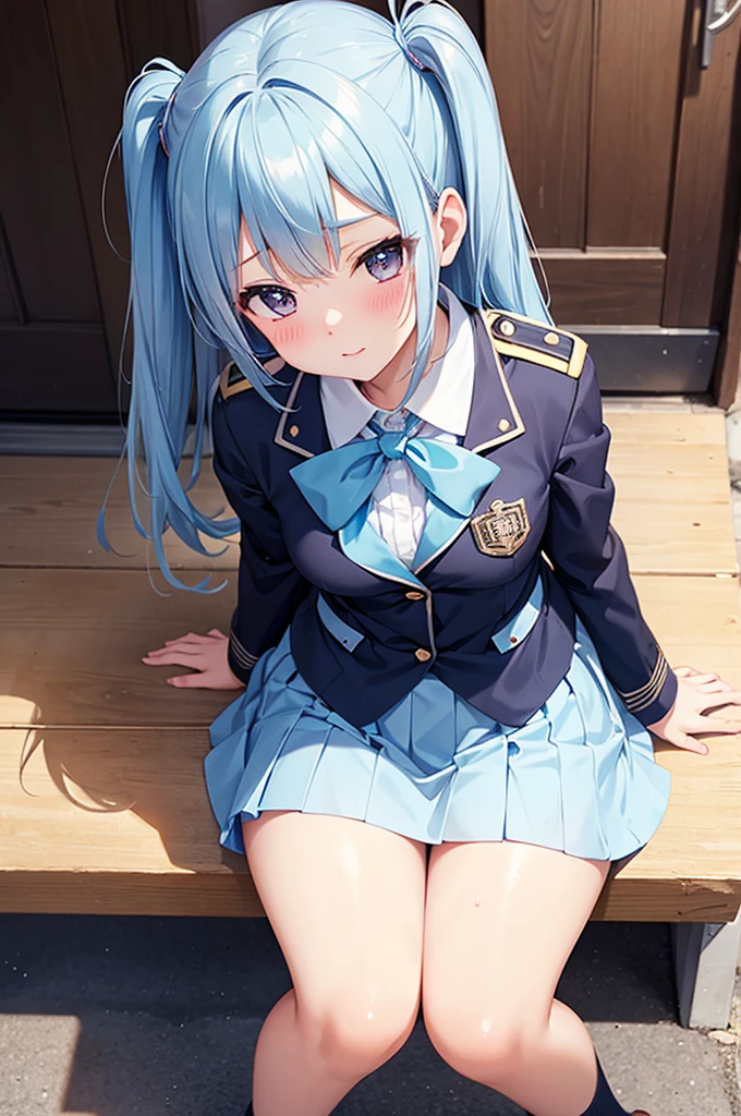 From above, (Squint your eyes:1.2), close, One Girl, blush, sit, nsfw,beautiful girl,Wear a uniform, Light blue skirt, Anime move,Two Side Up