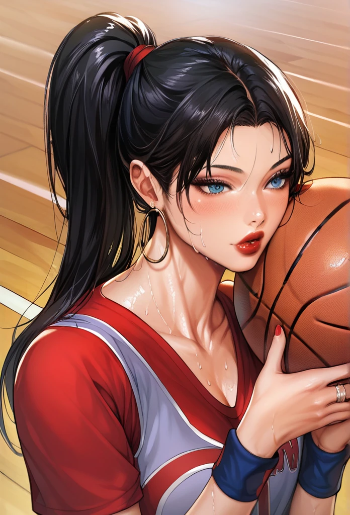   
Hot sexy beautiful  women playing basketball , detailed lips rings,blue eyes,  detailed , hoops earrings , alluring face , red lipstick  ,black hair,hair ponytail,lakers basketball jersey,wrist band, sweating,