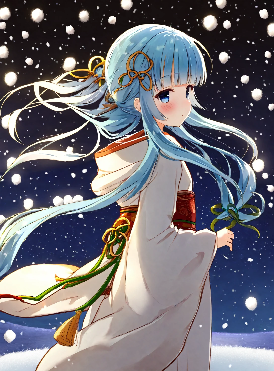 1girl, solo, japanese clothes, blue eyes, ponytail, holding, long hair, bangs, looking at viewer, kimono, snow, flower knot, blue hair, snowing, outdoors, white kimono, hair ornament, night, wide sleeves, hair ribbon, looking back, sidelocks, ribbon, tassel, mole under eye, mole, floating hair, tress ribbon, blunt bangs, long sleeves, hood, blush, light blue hair, sky, cowboy shot, from behind, winter, sash, night sky, Nahida, complex background, depth of field, cinematic compositions, best lighting, masterpiece