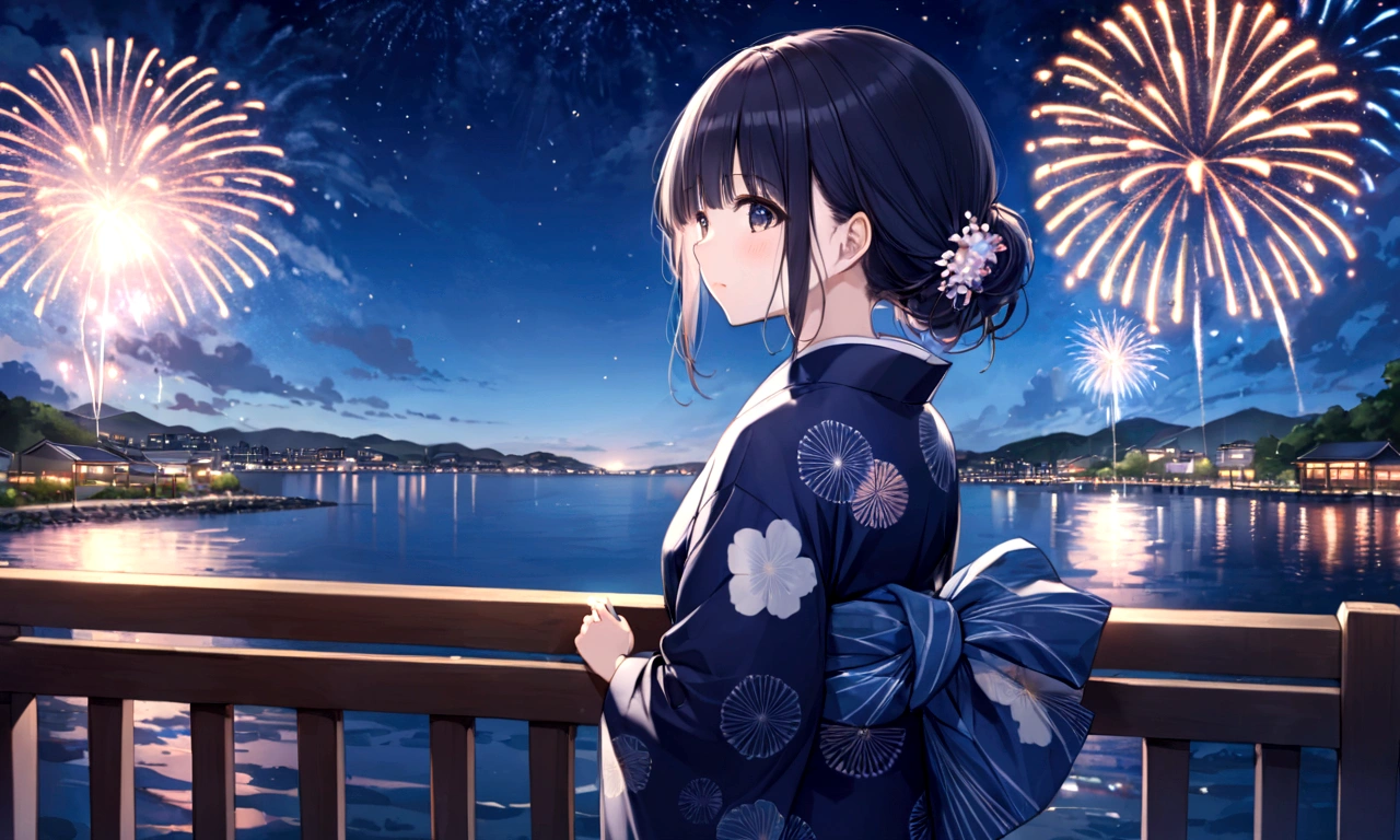 anime girl Navy blue yukata姿で outfit looking at fireworks in the sky, firework, Navy blue yukata姿で, [ fireworks in the sky ]!!, fireworks, Navy blue yukata姿で, Summer Festival Night, fireworks in the background, Navy blue yukata, Japanese Yukata, 色鮮やかなNavy blue yukataを着て, Digital anime illustration ,Navy blue yukataを着る, Anime-style illustrations, Navy blue yukataを着る