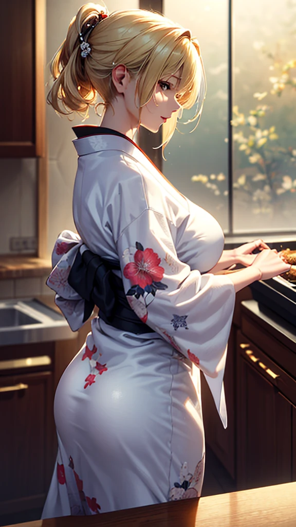 masterpiece, high quality, 4K, Beautiful design, silhouette，blonde， Very detailed，kitchen， wonderful, Finer details,  Very knowledgeable woman, Very detailedなソロ, 1 female,Big Breasts，Butt，Underwear Line，Yukata in white color，cooking，