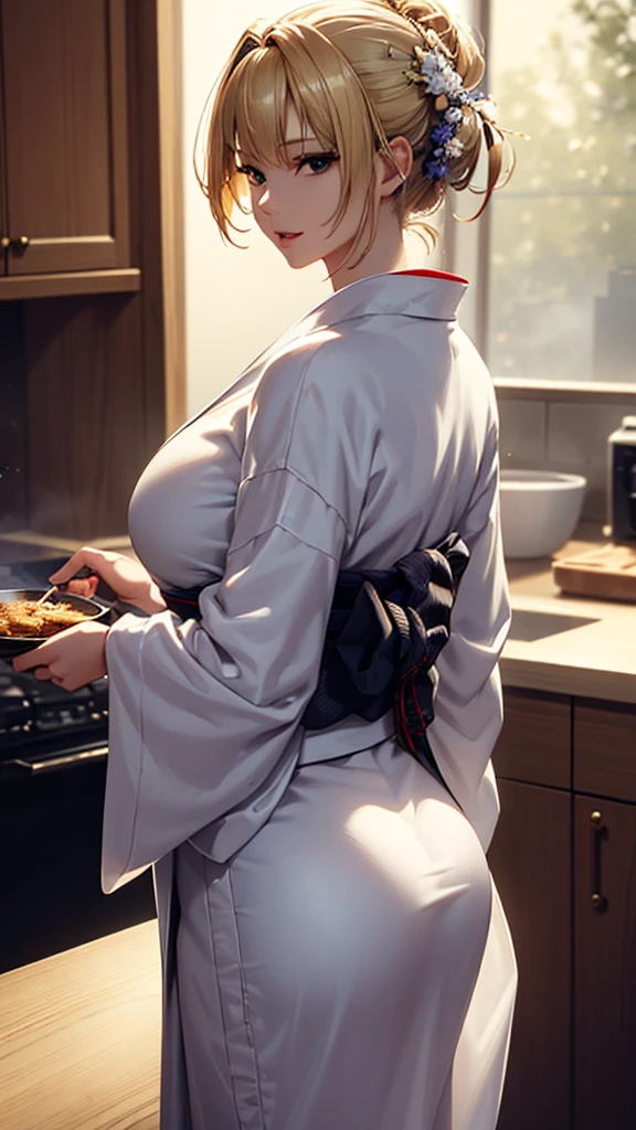 masterpiece, high quality, 4K, Beautiful design, silhouette,blonde, Very detailed,kitchen, wonderful, Finer details, Very knowledgeable woman, Very detailedなソロ, 1 female,Big Breasts,Butt,Underwear Line,Yukata in white color,cooking,