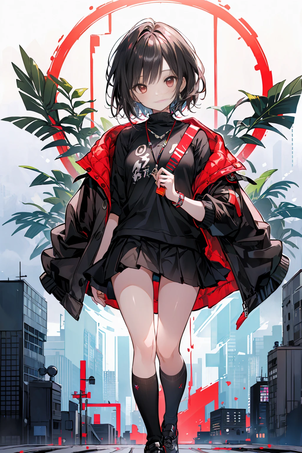 (masterpiece, highest quality, highest quality, (No text), Beautiful and aesthetic:1.2),No text,アニメ、 BREAK,One Girl,Short black hair Red eyes Beauty cool smile Black Coat mini skirt whole body Night view