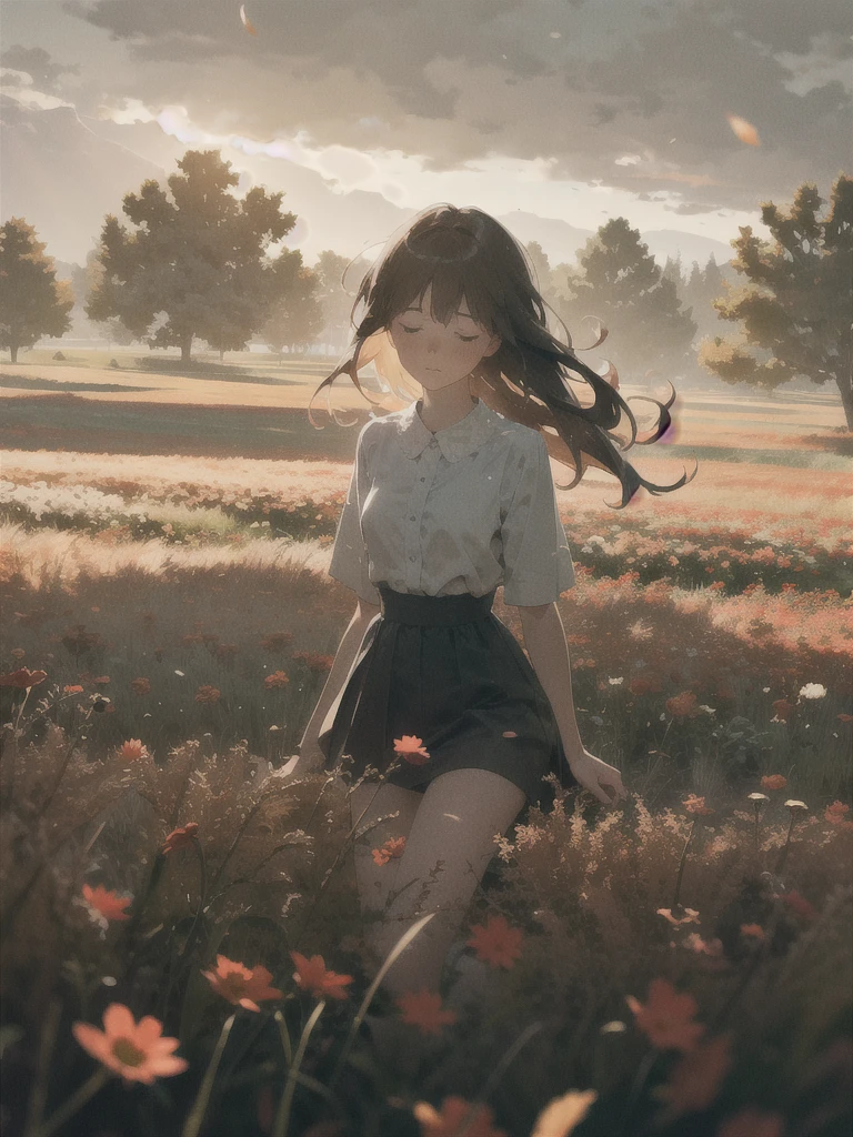 A melancholic autumn scene in a vast flower field,a gentle breeze rustling through the dry grass,fallen leaves scattered among the flowers, a bittersweet atmosphere, a moment of quiet contemplation,1girl,long hair,white_skirt, high-waist_shorts, outfit ,roses,(dynamic angle:1.1),vivid,Soft and warm color palette, delicate brushwork, evocative use of light and shadow, wide shot,subtle details in the wilting flowers,high contrast,color contrast,