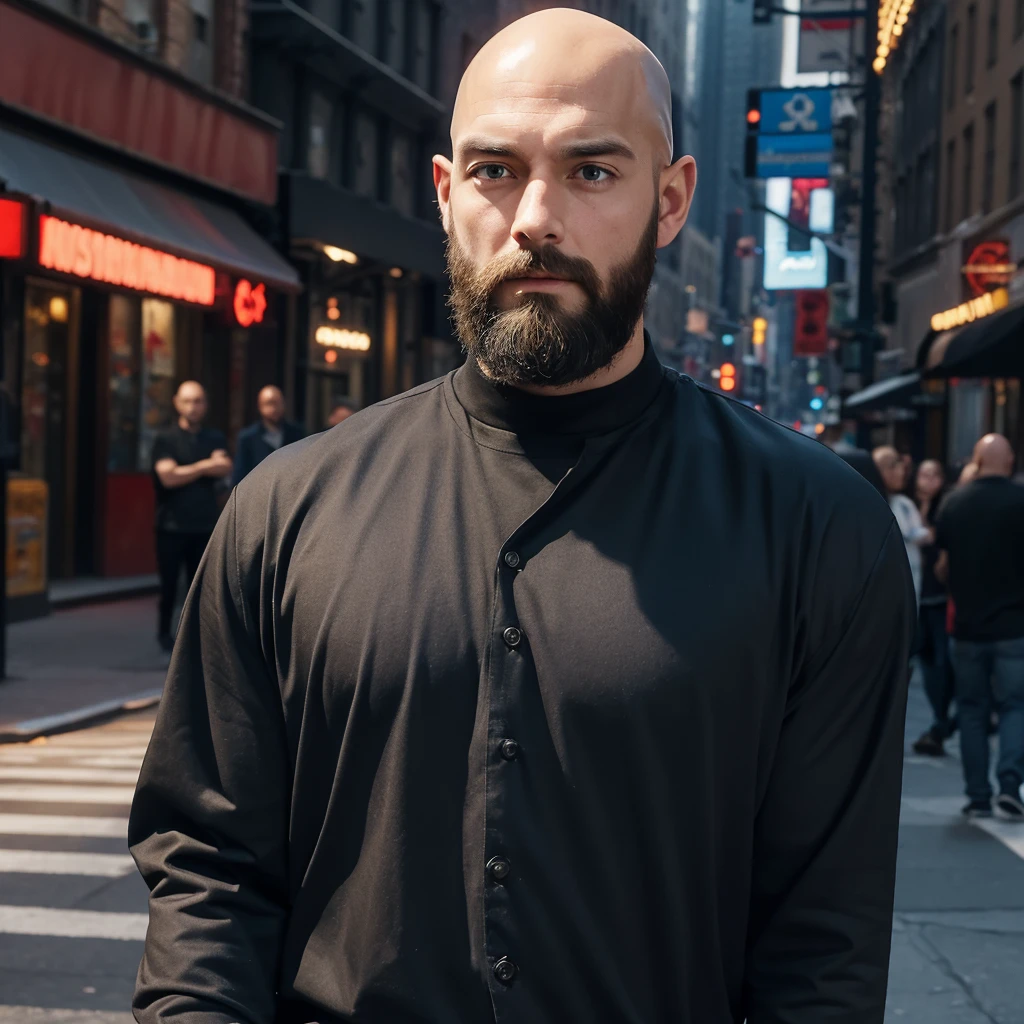 30 year old man. Ultra realistic. 4k. Bald. Bearded. Well dressed. Streets of new York. Head and shoulders. Muscular. Black shirt. Blonde hair. Norwegian heritage