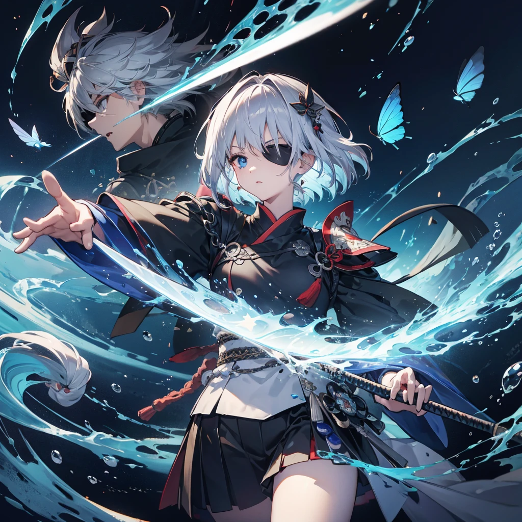 (((1 person　put on an eyepatch　Gray Hair　Qinglong)))　((High resolution　short hair　shoulder　Also々funny Face　knifeを胸の前で構える))　((Black Band　Ninja　Lonely　despair　blue eyes　close))　((Blue Butterfly　night　Japanese style　old　Shining Aura　Floating in the air　Jump　Catch the wind　Distorted Space))　(dance　日本knife　knife　Slashing)　月night　moonlight　star　Shuriken　Shining Background　Shining Edges