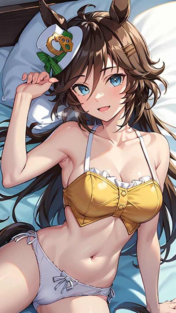 NSFW,{{{masterpiece:1.2}}},{{{best-quality:1.2}}},{{{ultra-quality:1.2}}},{{ultra-detailed:1.2}},{{{ultra-highres:1.2}}},{{{ultra-high-resolution:1.2}}},{{{extremely-detailed-CG-unity-8k-wallpaper}}},Mr.C.B.\(umamusume\),{1 girl,beautiful girl,18 yo,cute,smile,kawaii,lovely,blushing,playful expression,embrrased,orgasm,sexy},wear chaina dress,oily skin,beautiful detailed hair,glossy hair,(hands covering breaths:1.5),(wear white panty),(lying on the bed:1.2),perfect two legs,(spread two legs:1.2),five fingers,(large breaths),beautiful detailed eyes,jewel like eyes,blue eyes,open mouth,armpits,beautiful navel, looking at viewer,collarbone,earring