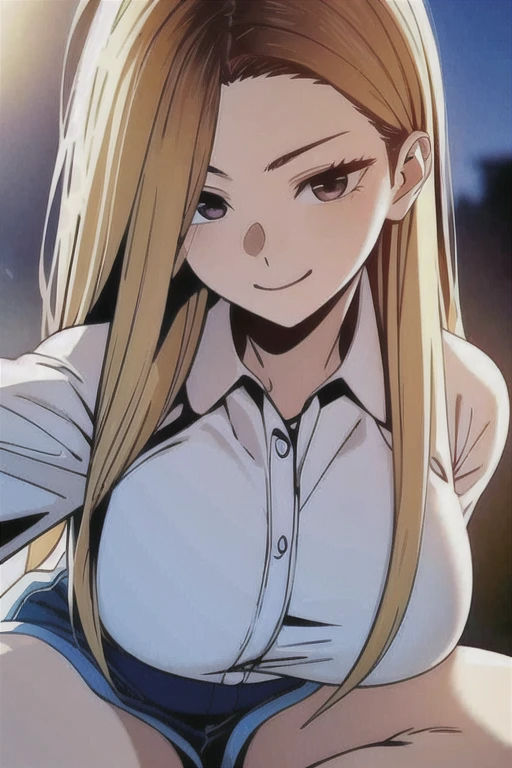 masterpiece, (Highest quality), 1 Female,One girl , Hanjia, Long Hair, Blonde, Brown eyes, shirt, Short sleeve, Shorts, Japanese , Sexy Woman, Adult, smile, Vibrant colors ,,Natural light ,RTTX 10.0, , beautiful, (Detailed face:1.2), Showcase, (Perfect Eyes:1.1) ,(Realistic:1.1), 8K Ultra HD, View your viewers, Outdoor, Simple Background、Huge breasts