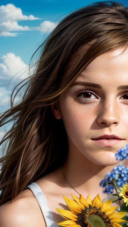 (( Emma Watson)) The composition of fictional characters, Dressed with young blue flowers, surrounded by sunflowers, the protagonist, with eyes open, your hair blown by the wind, e o sol cura, monochrome close-up painting, cute, Dreamers, oil painting style, acrylic paint,, Japanese, interesting concept, interesting drawing - ar 3:4 - with 20 - more than 5