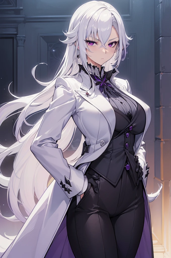 (best quality:1.3), (masterpiece:1.3), (illustration:1.3), (ultra-detailed:1.3), 1girl, solo, ((long hair, white hair, purple eye)), (((large breasts))), black pants, white suit, tailcoat, serious expression, tall, mature, elegant, black gloves, looking at viewer, night sky, hands on hips, serious expression, tsurime,