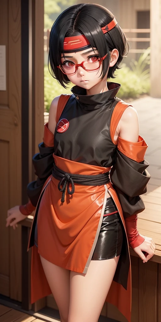 Sarada , short black hair , eyes black, and with red glasses , peach skin , is 8 years oldhinobi outfit , It&#39;s in the Shinobi Academy cafeteria.,(work of art, high resolution),frightened facial expression ,weep,body soaking wet,hair wet,Dog Collar, slave , capturing the dark allure of forbidden desires,trapped by twisted tendrils, Pliers are on a chain, underdog, dark prison, the area near the body is wet,scared expression , sobbing,whole body
