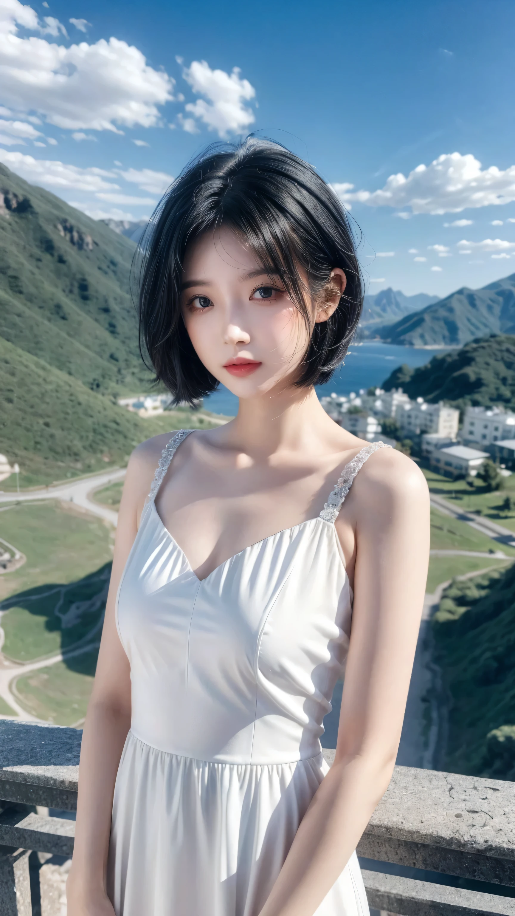 best quality, 1 Girl, dark blue hair, black eyes, Very short hair, Spiky hair, wears sweet white dress luxury,A cropped dress, 171 cm, Messy hair, Hair between the eyes, Tomboy, aldult, 20 years old, A sweet girl by the mountain