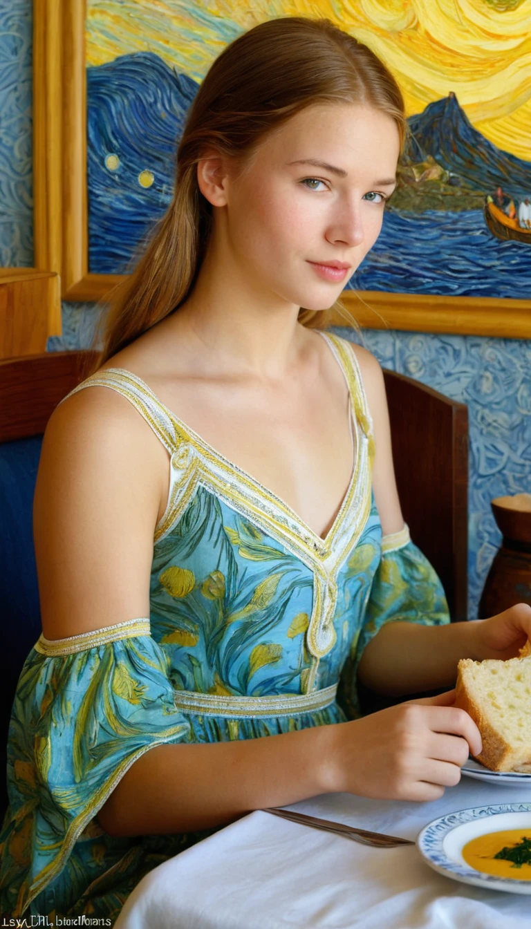 dining at maureen, translucent, luminescent, beautiful, lovely, a cosmic harmony, sundress, a highly detailed digital painting, a close portrait 20 yo girl in the style of Frank McCarthy, George Barbier, detailed face, eastern delicious delight food, masterpiece artwork in van Gogh's style, Ludwig Bemelmans, ultra hd, sharp edge, line and shape, hyperrealistic drawing
