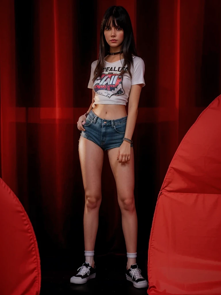 girl sexy realistic, fringe hair realistic, face sweet realistic wearing realistic t-shirt, realistic shorts denim, realistic ankle white socks, realistic vans shoes uses choker and bracelets realistic details.