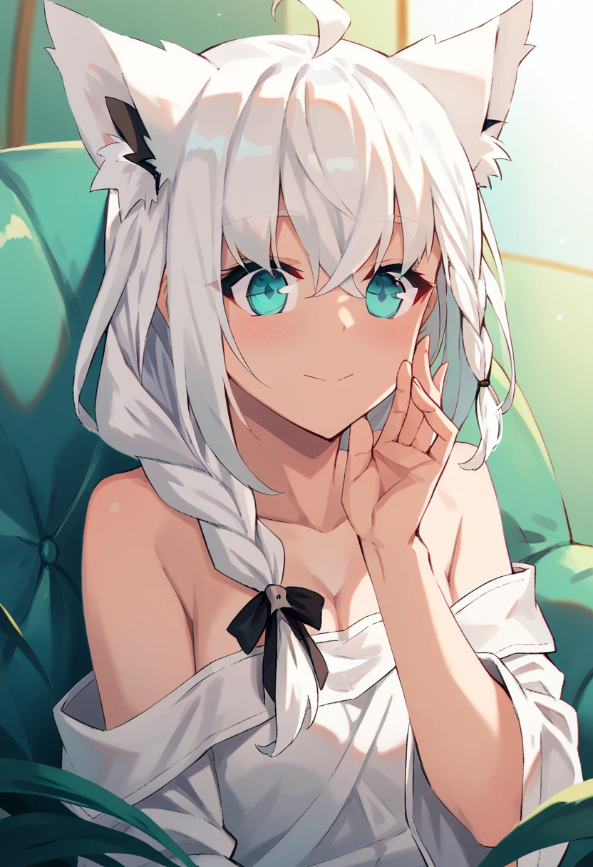 {{{shirakami_fubuki}}}, fox girl, white hair,braid, ahoge, animal ear fluff, aqua eyes, black ribbon, white shirt, off shoulder
