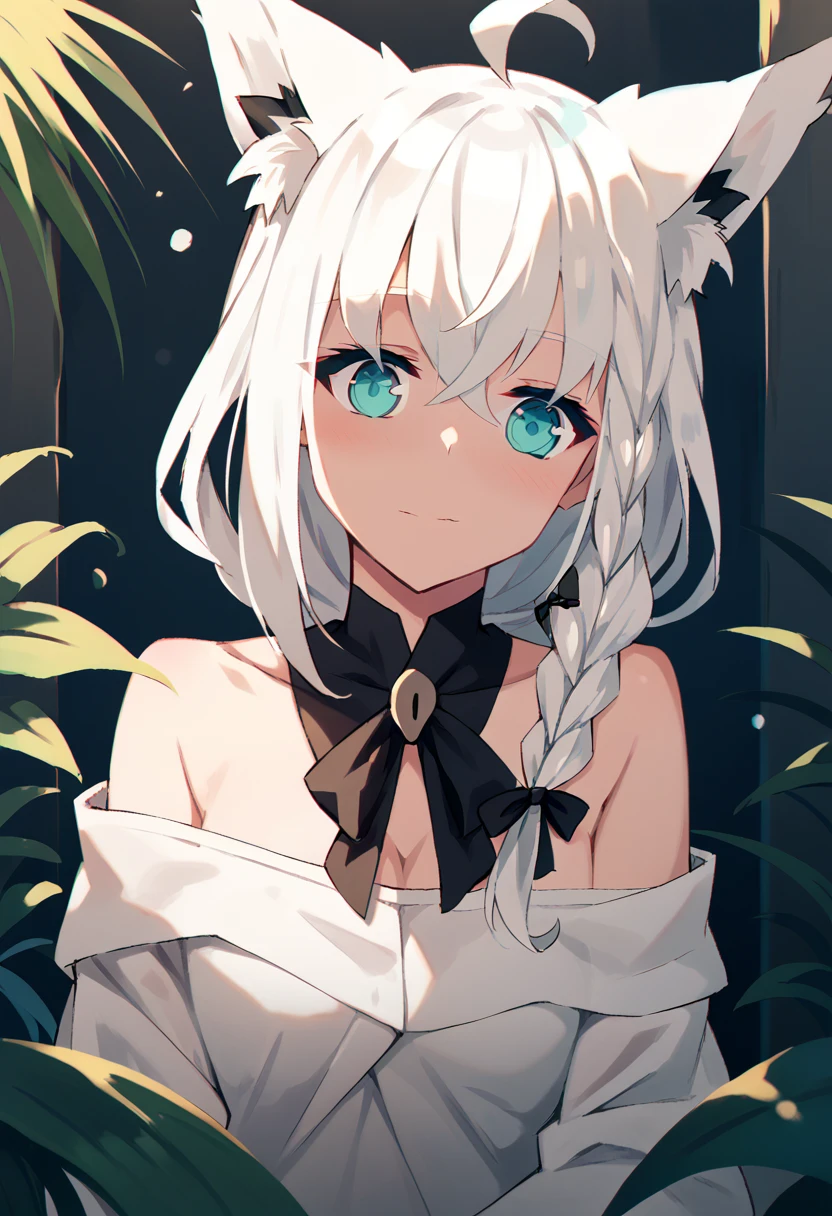 {{{shirakami_fubuki}}}, fox girl, white hair,braid, ahoge, animal ear fluff, aqua eyes, black ribbon, white shirt, off shoulder
