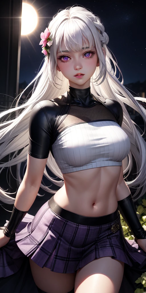 realistic, 1girl, white hair, purple eyes, glowing eyes, crop top, skirt, parted lips, blush, night, flowers, sun, sunlight,