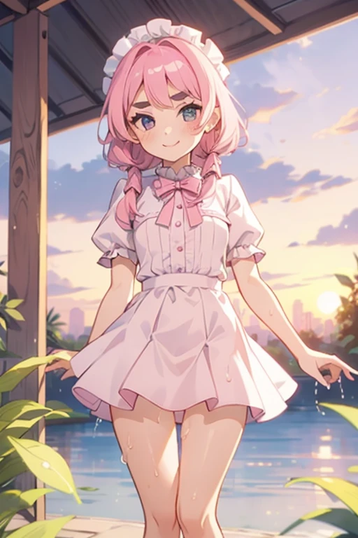 Girl with pink hair, long double-tailed hairstyle ((small pink bushy eyebrows)), lolicon, dressed in lolita dress, sunset lighting showing her body, very marked thigh gap, Thigh Gap, marked vagina, lifting her skirt to show her vagina wet with semen, thighs splashed with semen, Girl with pink hair, long double-tailed hairstyle ((small pink bushy eyebrows)), lolicon, dressed in lolita dress, sunset lighting showing her body, very marked thigh gap, Thigh Gap, marked vagina, lifting her skirt to show her vagina wet with semen, thighs splashed with semen, with a flirtatious smile