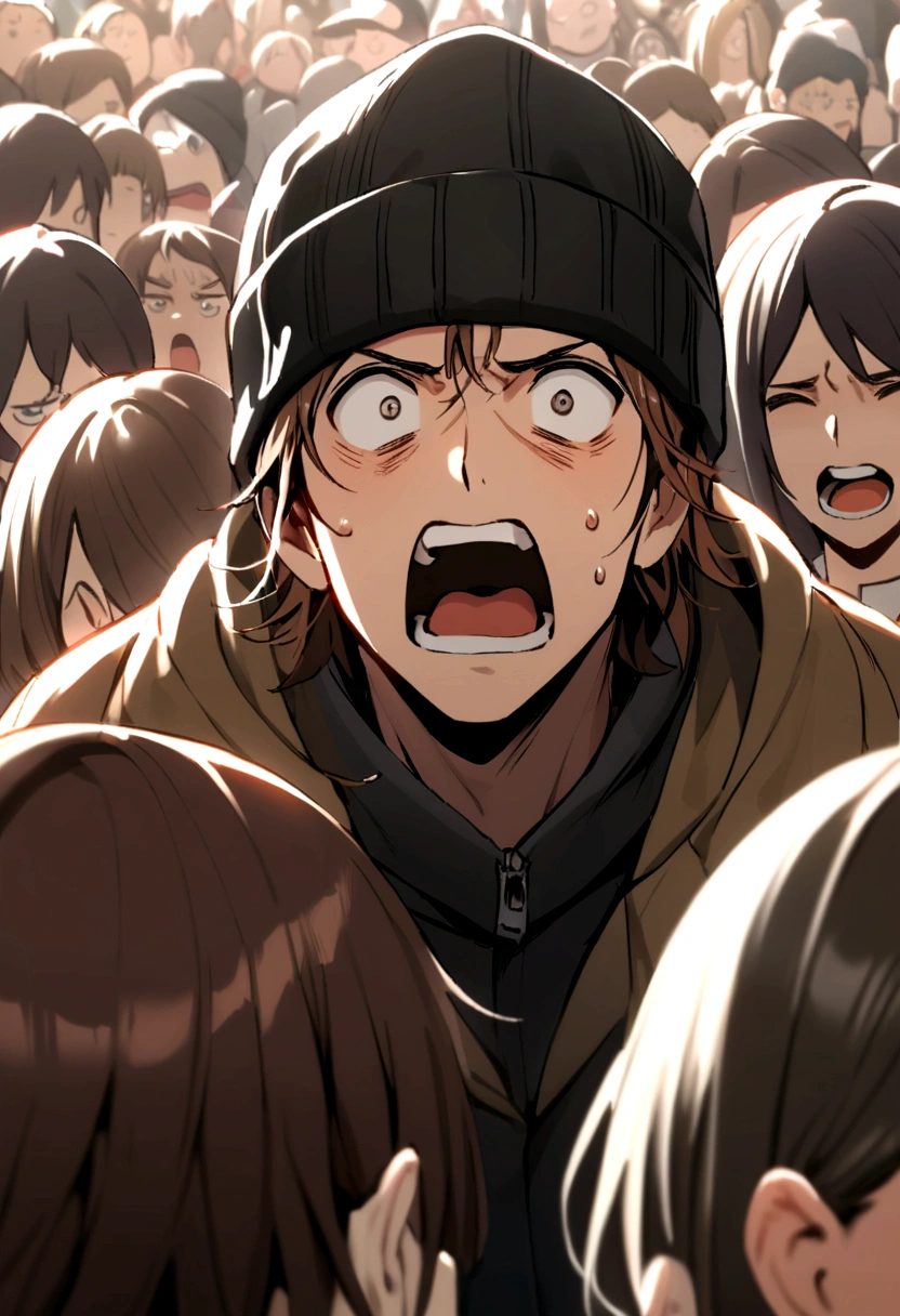 Boy with medium long brown hair and black beanie hat looking scared while many people yell at him
