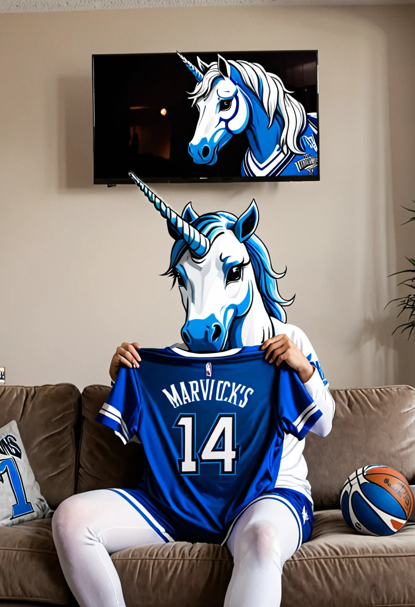 blue unicorn crying, holding Dallas Mavericks shirt, sitting in front of a TV, Dallas Mavericks painting on the wall above the TV