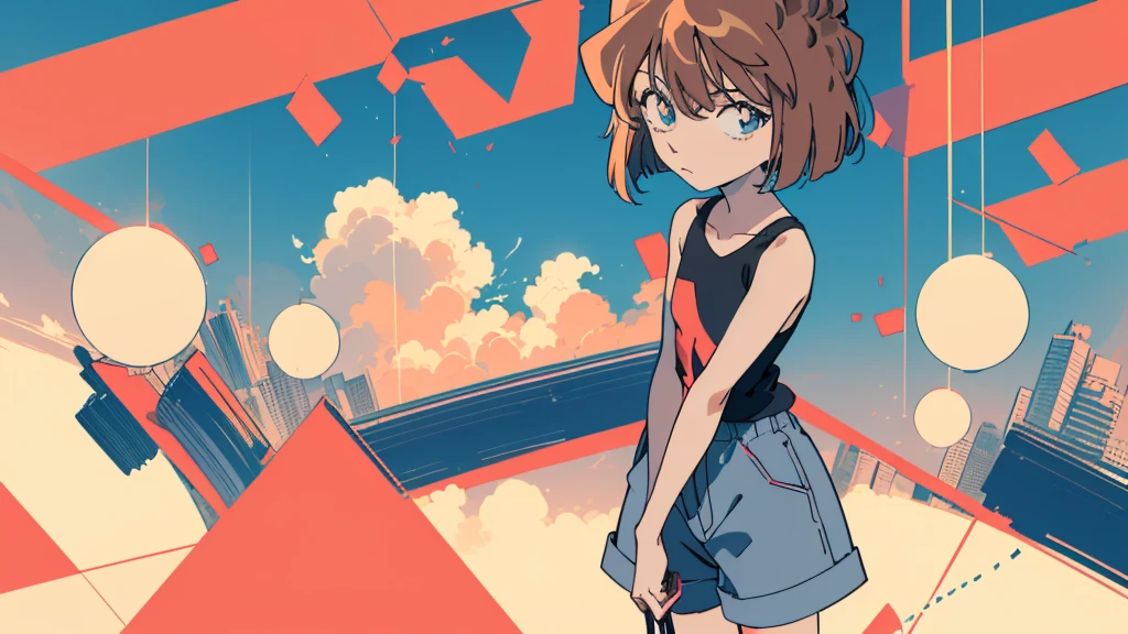 anime style, (1girl in, Solo:1.0), (Haibara Ai), ((Short pants)), (((Big eyes))), (Cute anime girl head), (flat chest),looking at viewer,With a height of 100cm, shoot from front, (head shot), Simple line minimalism, Abstract Art, City background, anime opening movie