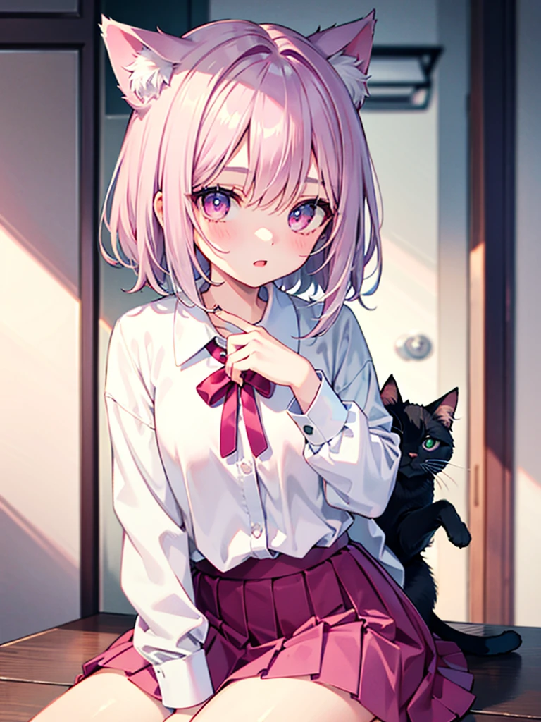 Highly detailed face,fine grain,Sparkling eyes,Highlighted eyes,Medium chest,pretty girl, Longing eyes,Cat ear, Beautiful silver hair,Pink inside,Beautiful pink eyes,Oversized shirt,skirt