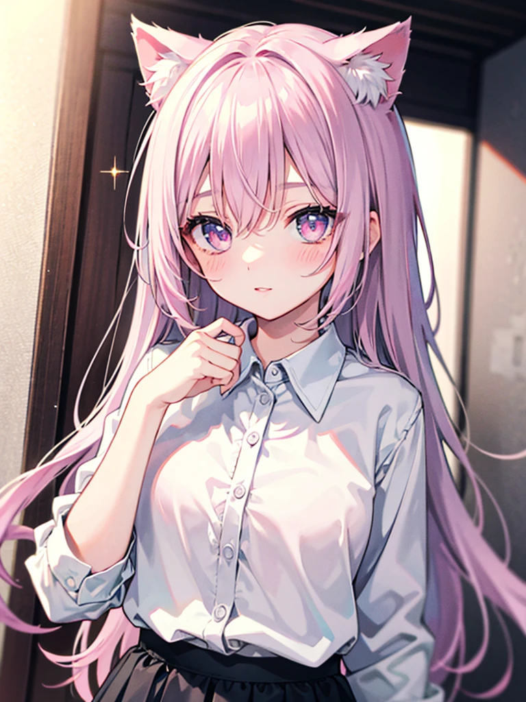 Highly detailed face,fine grain,Sparkling eyes,Highlighted eyes,Medium chest,pretty girl, Longing eyes,Cat ear, Beautiful silver hair,Pink inside,Beautiful pink eyes,Oversized shirt,skirt
