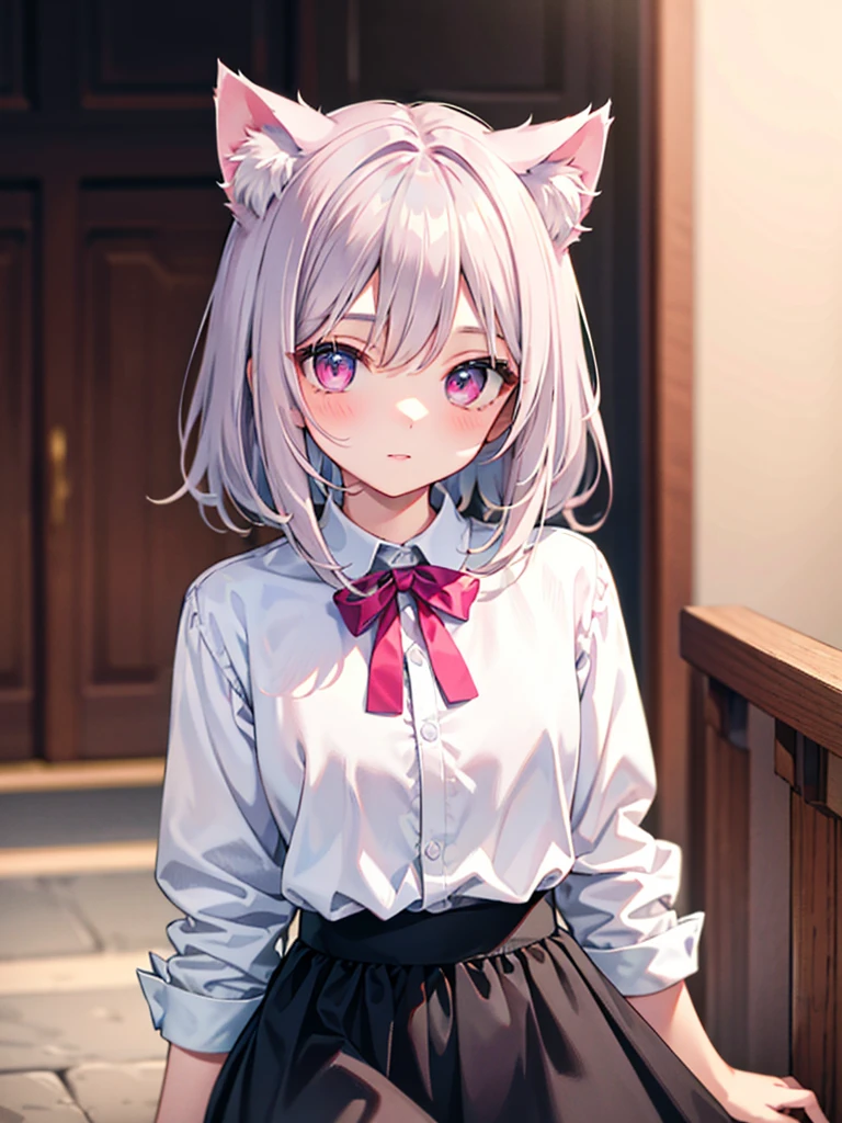 Highly detailed face,fine grain,Sparkling eyes,Highlighted eyes,Medium chest,pretty girl, Longing eyes,Cat ear, Beautiful silver hair,Pink inside,Beautiful pink eyes,Oversized shirt,skirt
