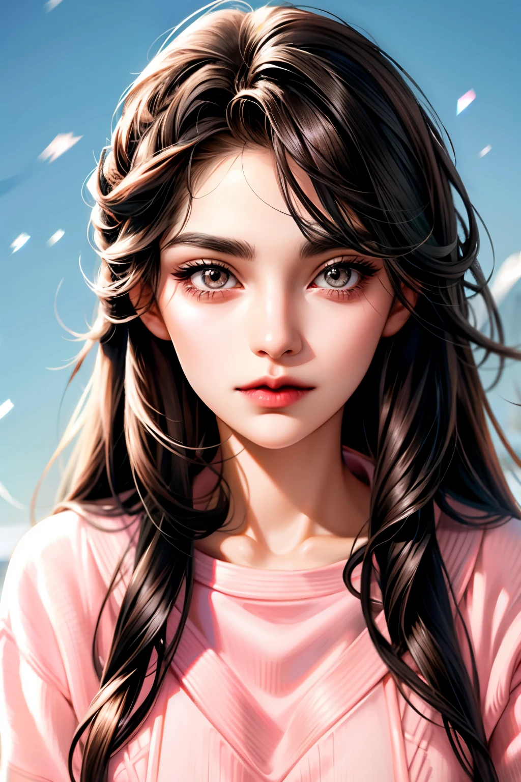 Girl, long straight brown hair, dark gray eyes, sharp features, snow-white skin, bright pink lips, beautiful, perfect, sweater